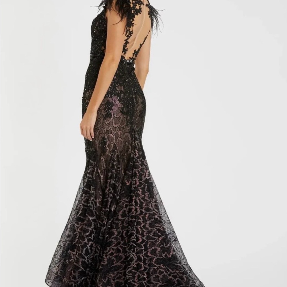 Mac Duggar Black Embellished Feather Cap Sleeve Illusion Neck Trumpet Gown